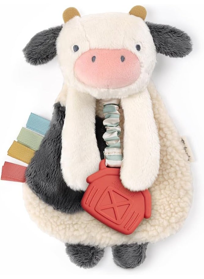 Itzy Ritzy - Itzy Lovey Including Teether - Baby Lovey with Teether, Textured Ribbons & Dangle Arms - Features Crinkle Sound, Sherpa Fabric and Minky Plush (Cow)